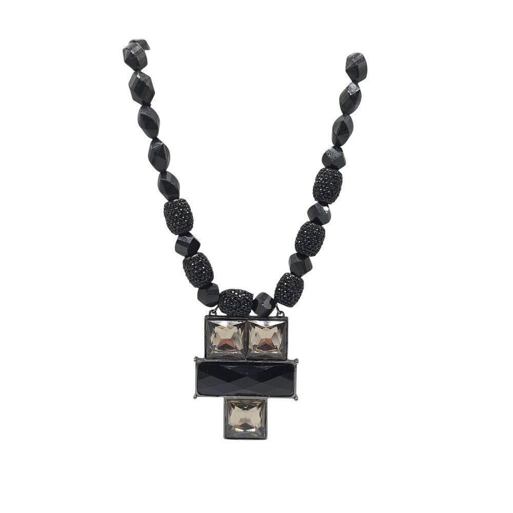 Erica Lyons Black Beaded Necklace Cross Pendant Smoky Prystal Accents